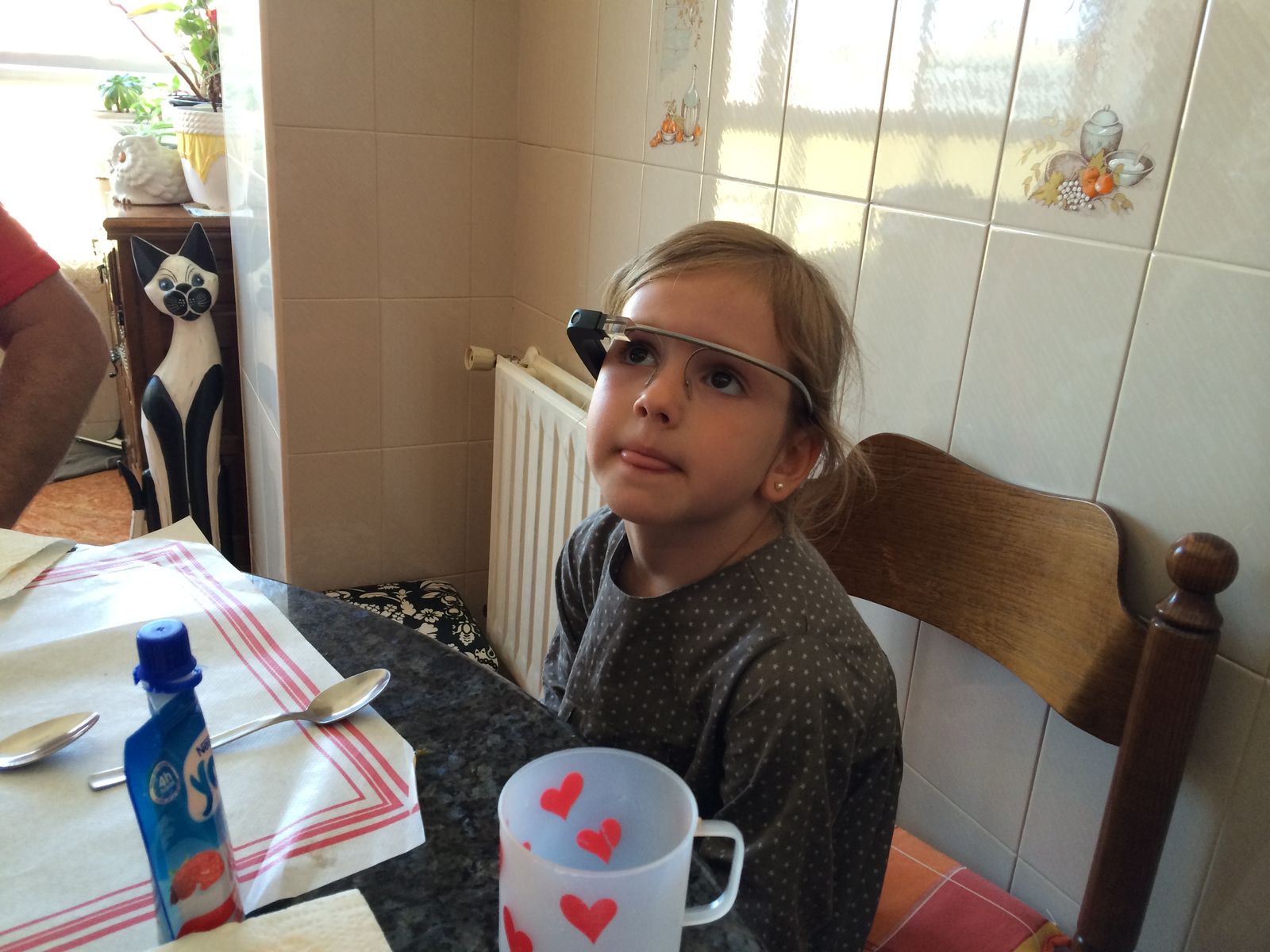 Wearing the smart glasses and looking at the display
