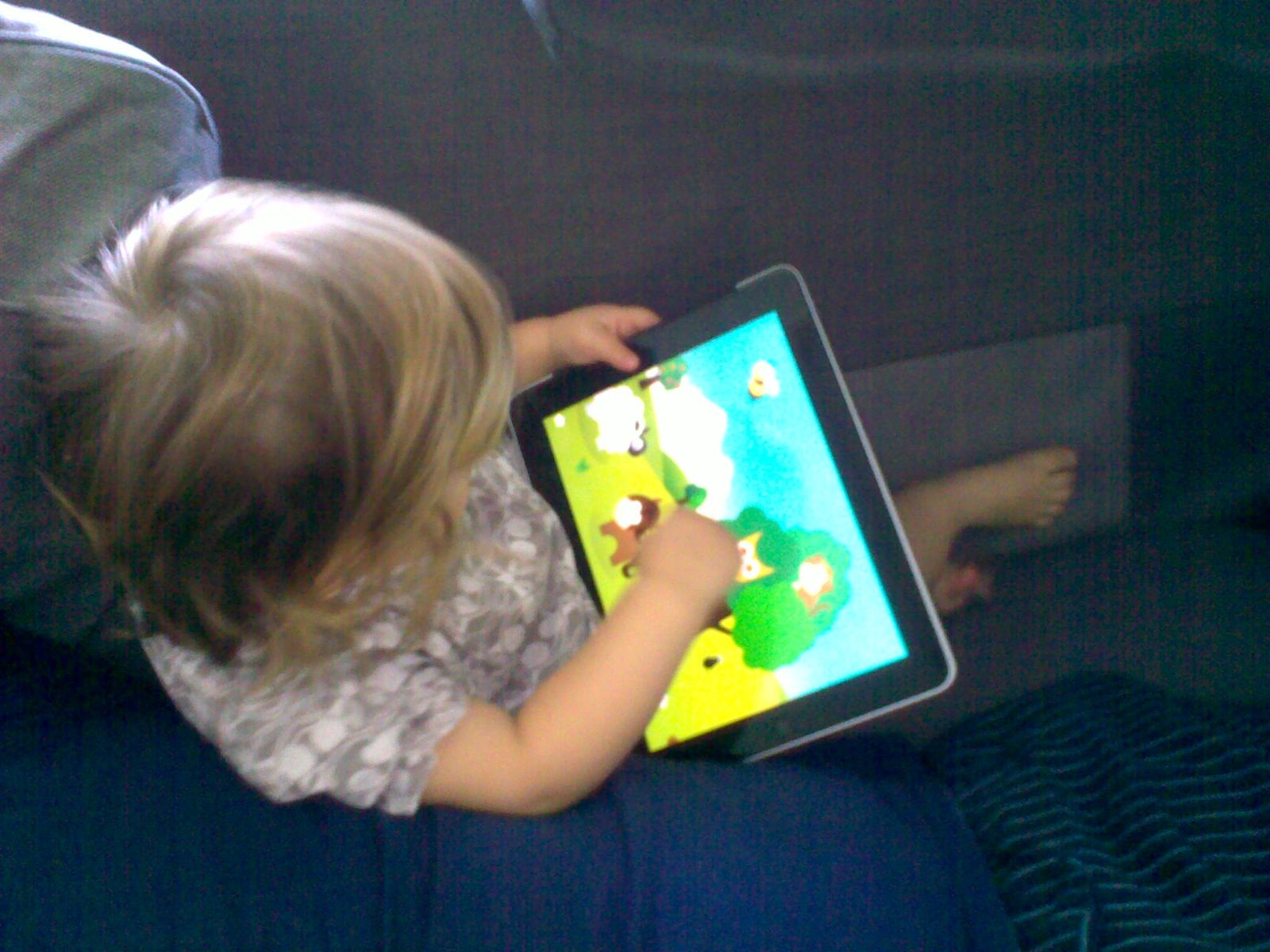 As a toddler, tapping an animal game on a tablet on the sofa