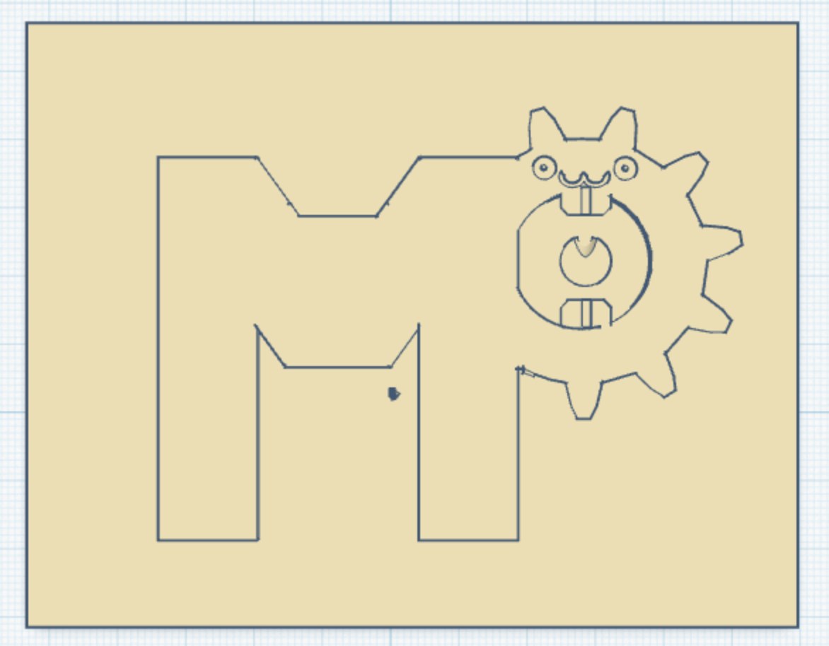 3D design of the robot lid with the logo: an M and a gear with a cat face